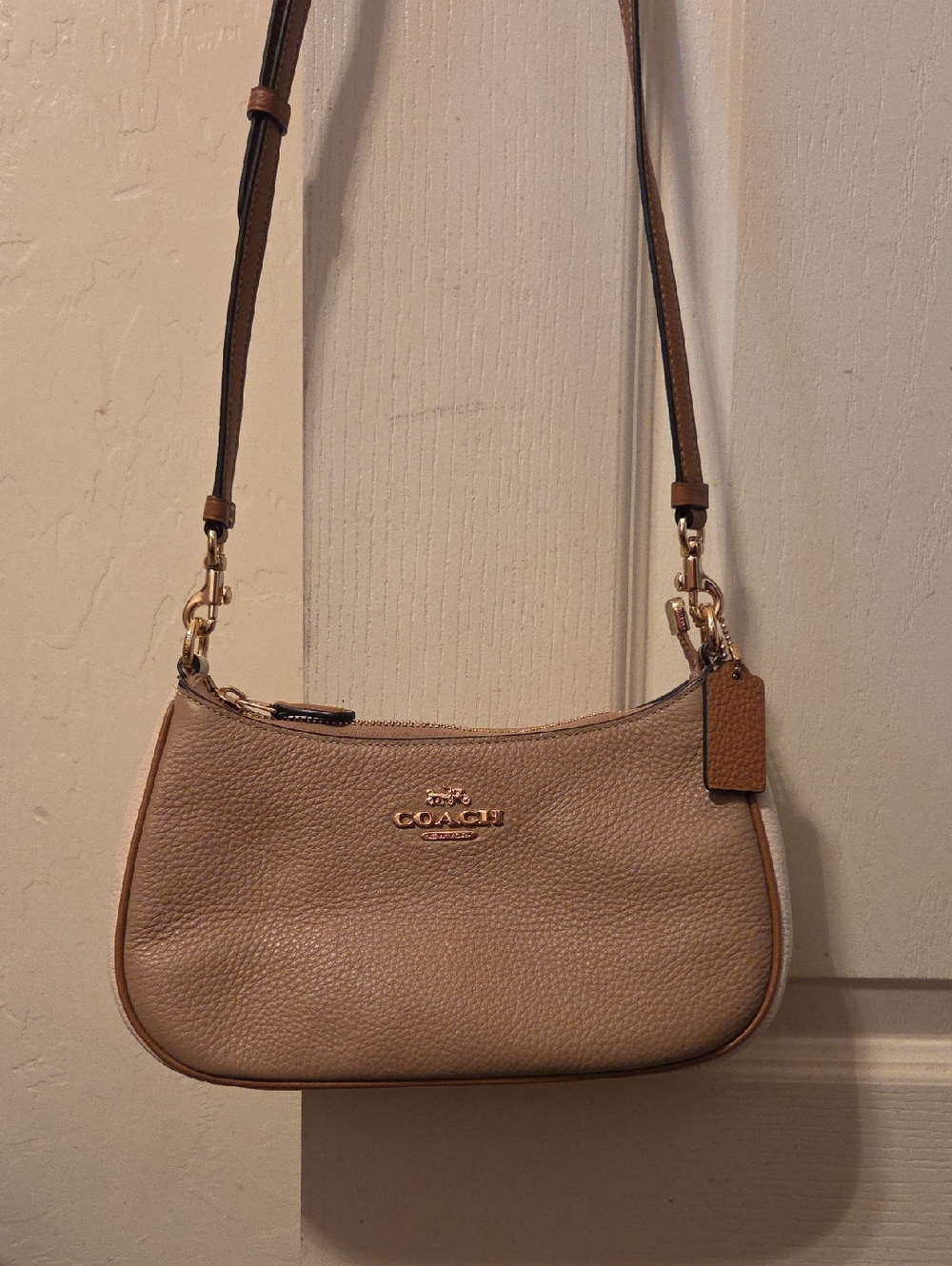Coach Taupe Pebbled Leather Crossbody with Gold Hardware